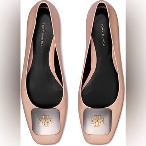 Tory Burch Blush Pink Leather Ballet Flats with Logo Plate